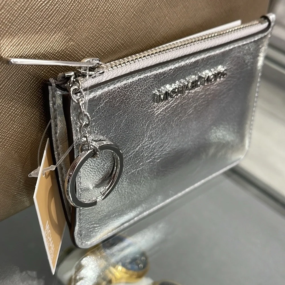 MICHAEL KORS Jet Set Travel Small Top Zip Coin Pouch With ID Silver NWT